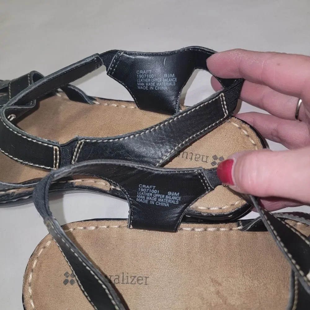 Naturalizer Craft Black Leather Strappy Comfort Sandals w Thick Stitching Sz 9.5